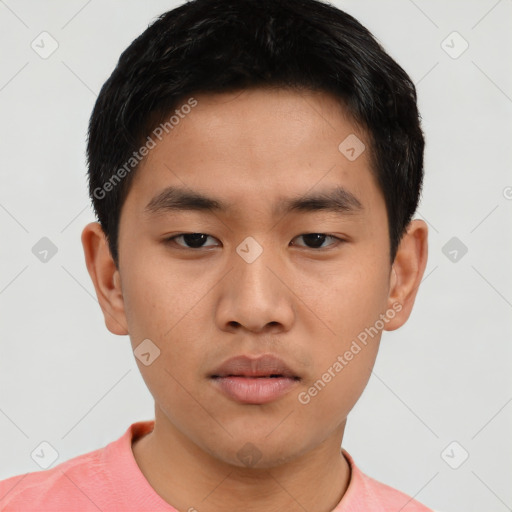 Neutral asian young-adult male with short  black hair and brown eyes