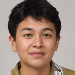 Joyful asian young-adult male with short  brown hair and brown eyes