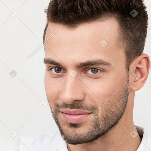 Neutral white young-adult male with short  brown hair and brown eyes