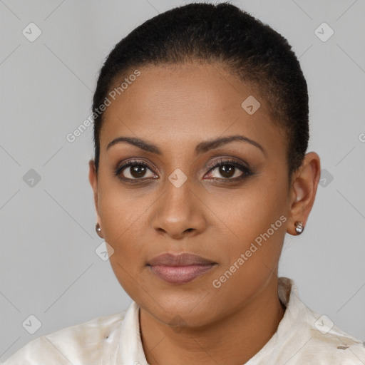 Neutral black young-adult female with short  brown hair and brown eyes