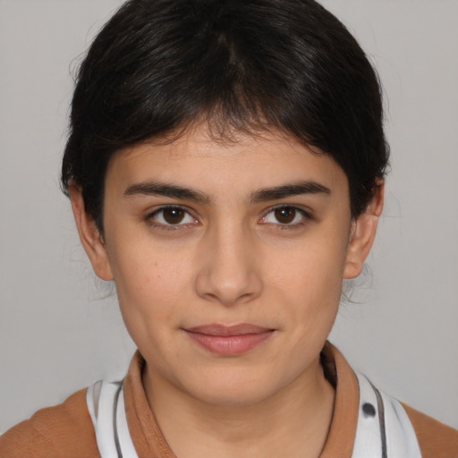 Neutral white young-adult female with medium  brown hair and brown eyes