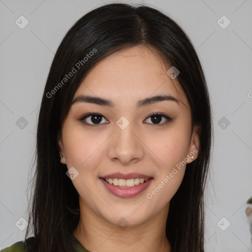 Joyful latino young-adult female with long  brown hair and brown eyes