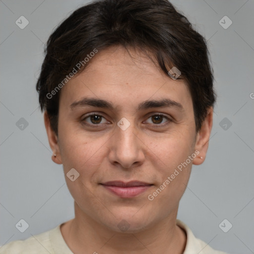 Joyful white young-adult female with short  brown hair and brown eyes