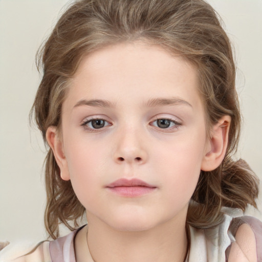 Neutral white child female with medium  brown hair and grey eyes