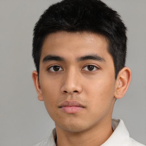 Neutral asian young-adult male with short  black hair and brown eyes