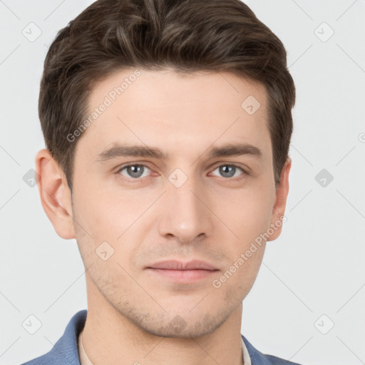 Neutral white young-adult male with short  brown hair and grey eyes