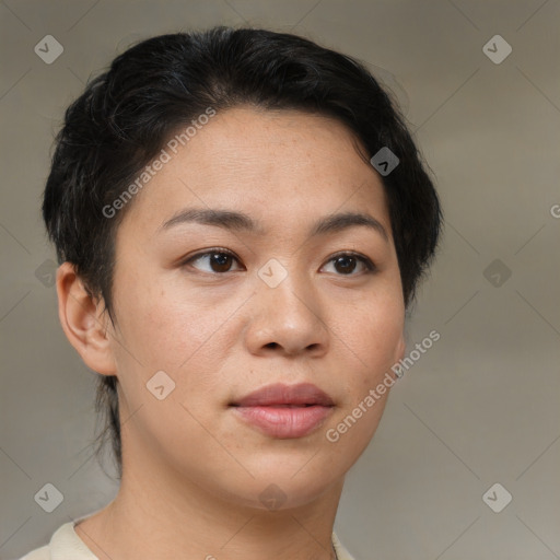 Joyful asian young-adult female with short  brown hair and brown eyes