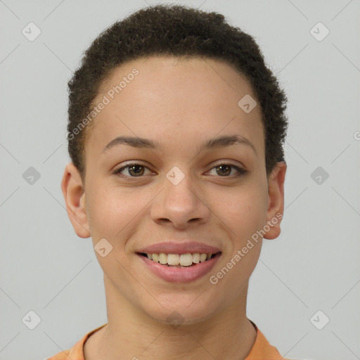 Joyful latino young-adult female with short  brown hair and brown eyes