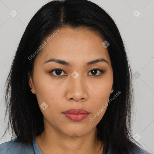 Neutral asian young-adult female with long  black hair and brown eyes