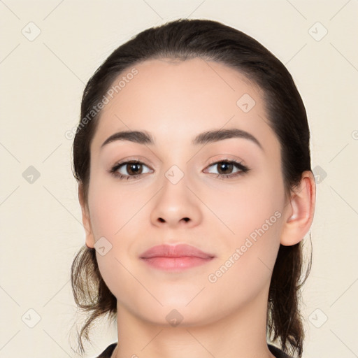 Neutral white young-adult female with medium  brown hair and brown eyes