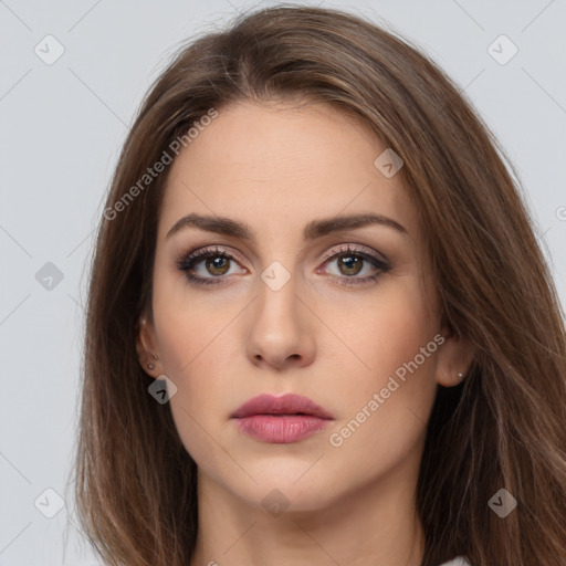 Neutral white young-adult female with long  brown hair and brown eyes