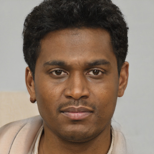 Neutral black young-adult male with short  brown hair and brown eyes