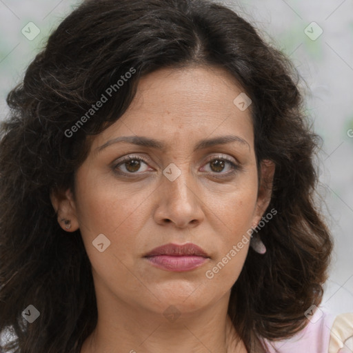 Joyful white adult female with long  brown hair and brown eyes