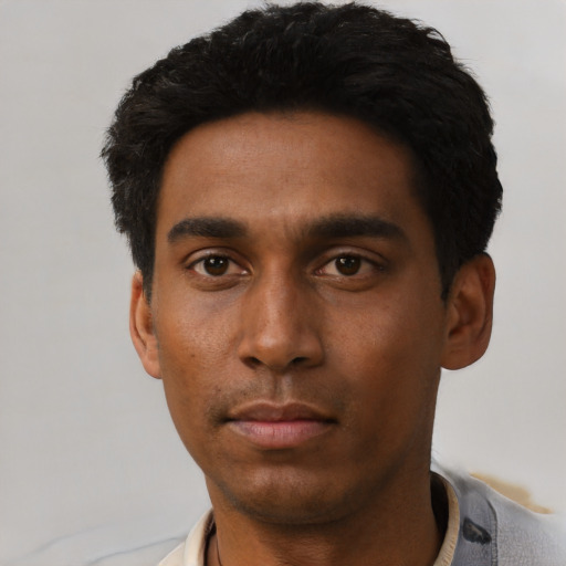 Neutral black young-adult male with short  black hair and brown eyes