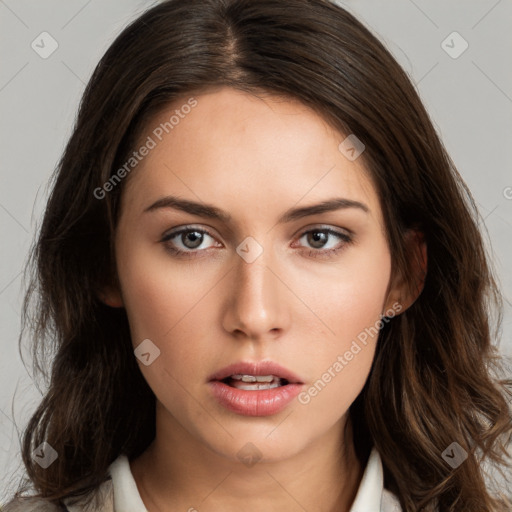 Neutral white young-adult female with long  brown hair and brown eyes