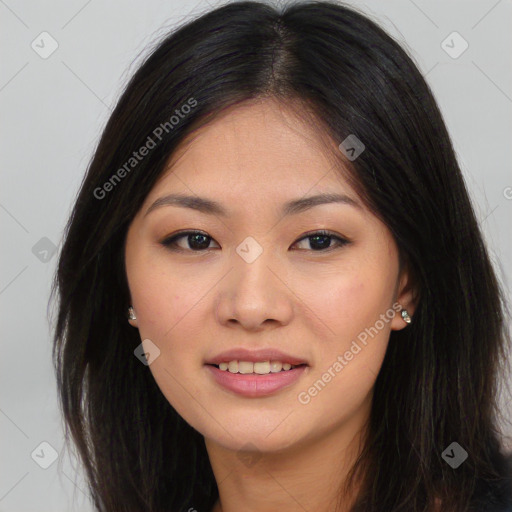 Joyful asian young-adult female with long  brown hair and brown eyes