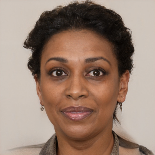 Joyful black adult female with short  brown hair and brown eyes