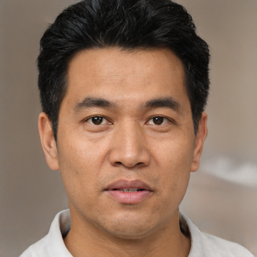 Joyful asian adult male with short  black hair and brown eyes