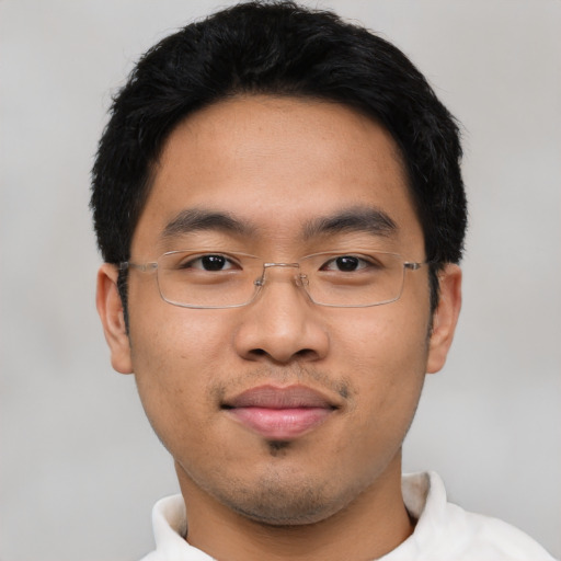 Neutral asian young-adult male with short  black hair and brown eyes