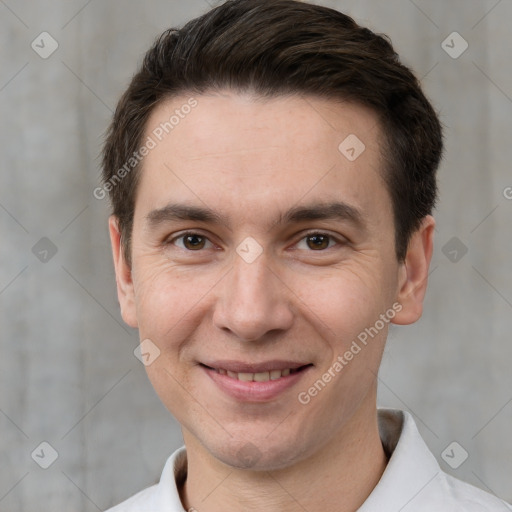 Joyful white adult male with short  brown hair and brown eyes