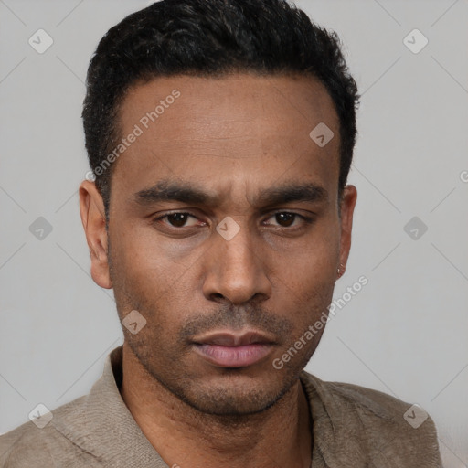 Neutral latino young-adult male with short  black hair and brown eyes