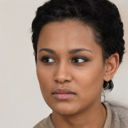 Neutral black young-adult female with short  black hair and brown eyes