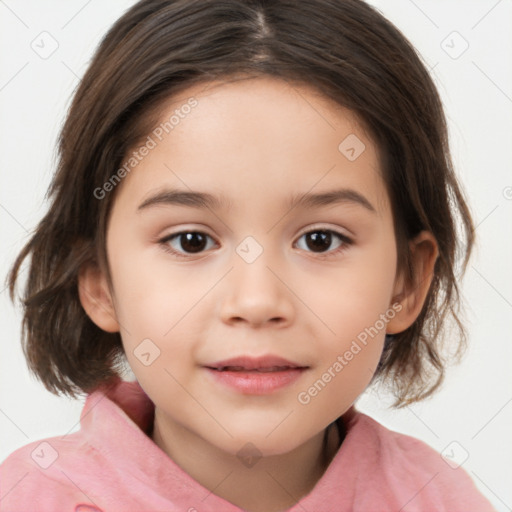 Joyful white child female with medium  brown hair and brown eyes