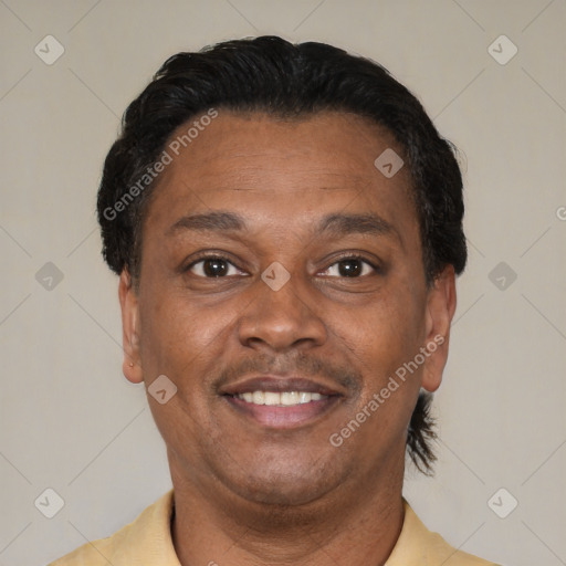 Joyful latino adult male with short  brown hair and brown eyes