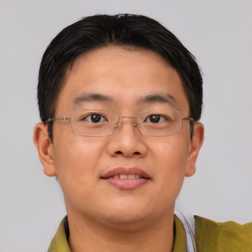 Neutral asian adult male with short  brown hair and brown eyes