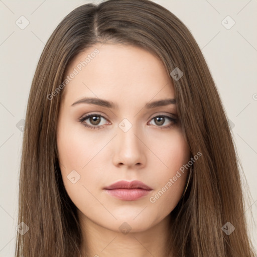 Neutral white young-adult female with long  brown hair and brown eyes