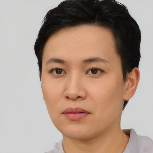 Neutral asian young-adult female with short  black hair and brown eyes