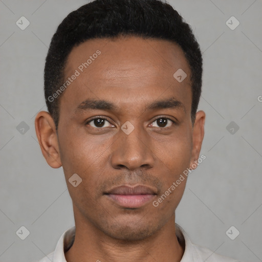 Neutral black young-adult male with short  black hair and brown eyes