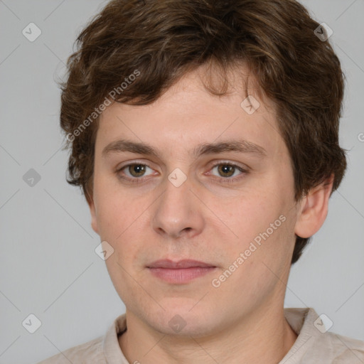 Neutral white young-adult male with short  brown hair and grey eyes