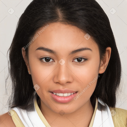 Joyful asian young-adult female with long  brown hair and brown eyes