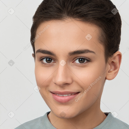 Joyful white young-adult female with short  brown hair and brown eyes