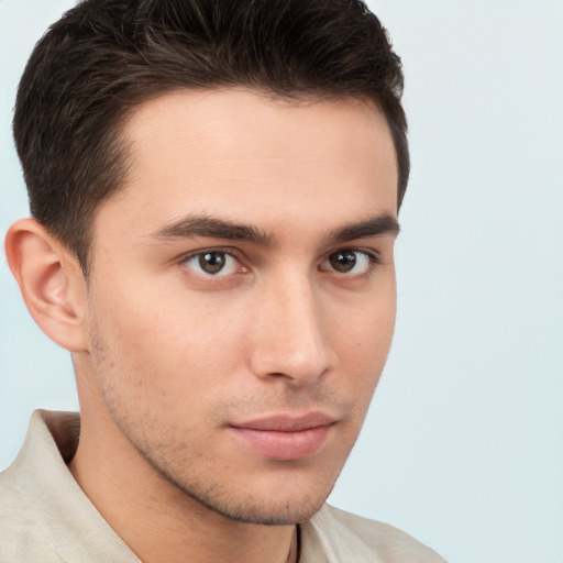 Neutral white young-adult male with short  brown hair and brown eyes