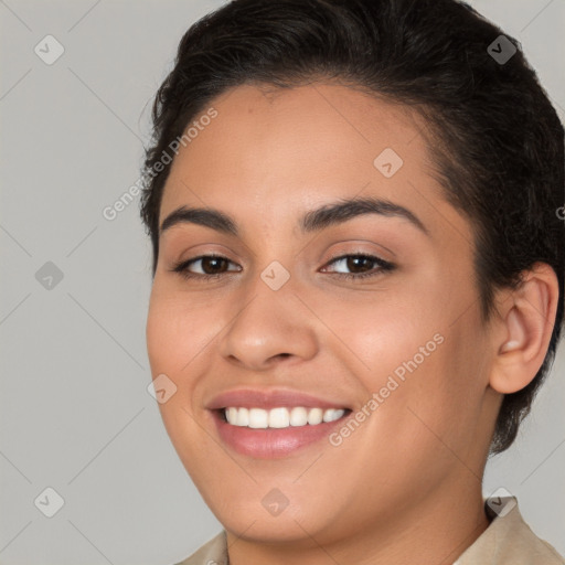 Joyful white young-adult female with short  brown hair and brown eyes