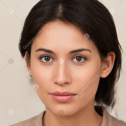 Neutral white young-adult female with medium  brown hair and brown eyes