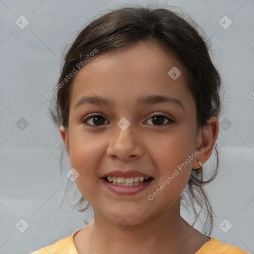 Joyful white child female with medium  brown hair and brown eyes