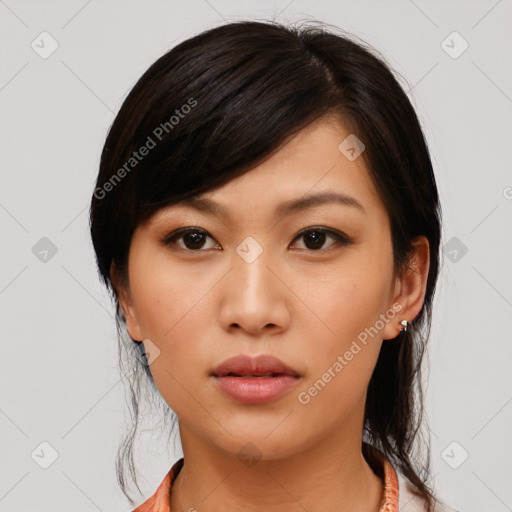 Neutral asian young-adult female with medium  black hair and brown eyes