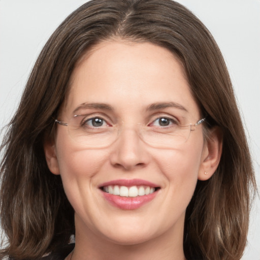 Joyful white adult female with medium  brown hair and grey eyes