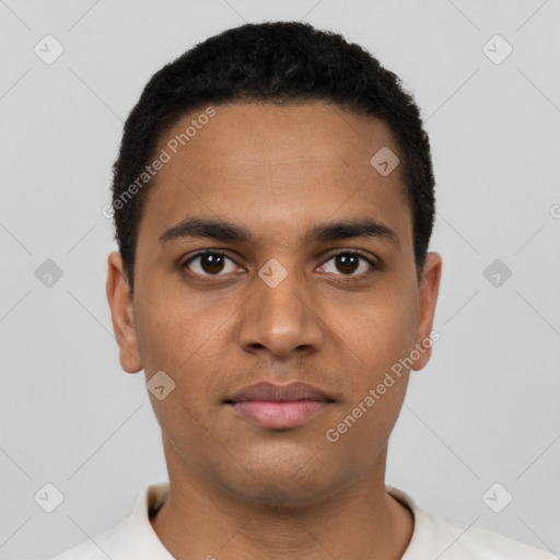 Neutral latino young-adult male with short  black hair and brown eyes
