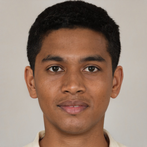 Neutral black young-adult male with short  black hair and brown eyes