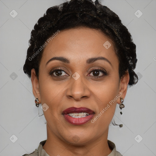 Joyful latino adult female with short  brown hair and brown eyes