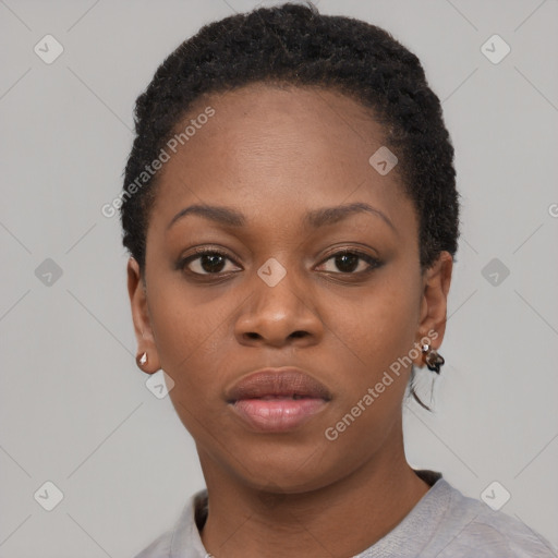 Neutral black young-adult female with short  black hair and brown eyes