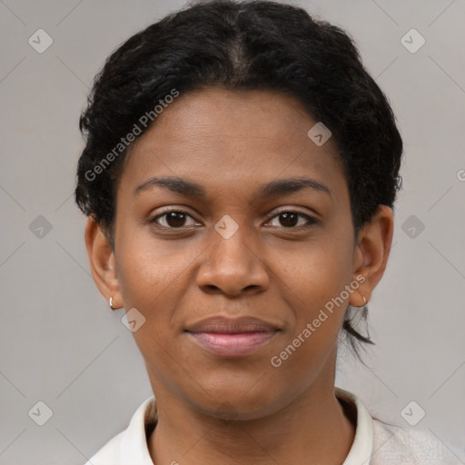 Joyful black young-adult female with short  brown hair and brown eyes