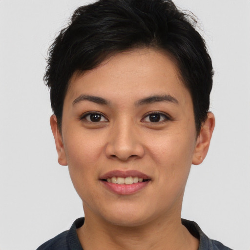 Joyful asian young-adult female with short  brown hair and brown eyes