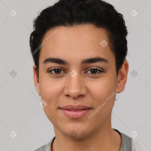 Joyful latino young-adult female with short  black hair and brown eyes