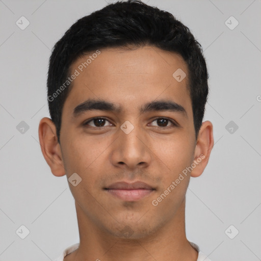 Neutral latino young-adult male with short  black hair and brown eyes