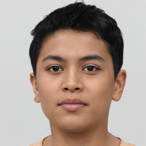 Neutral asian young-adult male with short  black hair and brown eyes